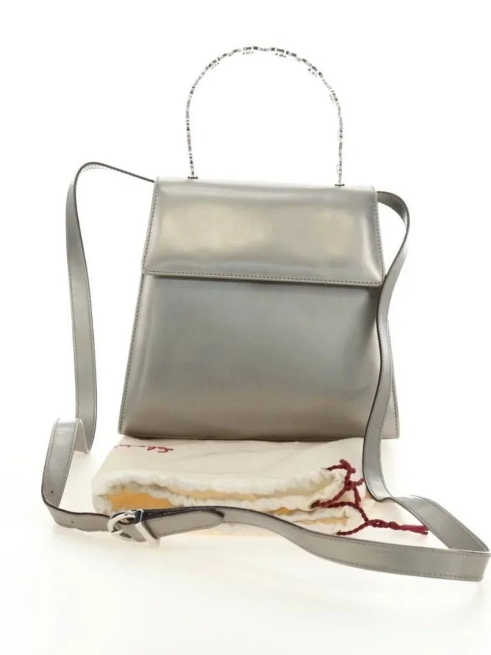 Salvatore Ferragamo Gancini Hand Bag Patent leather 2way Silver Auth 184795V